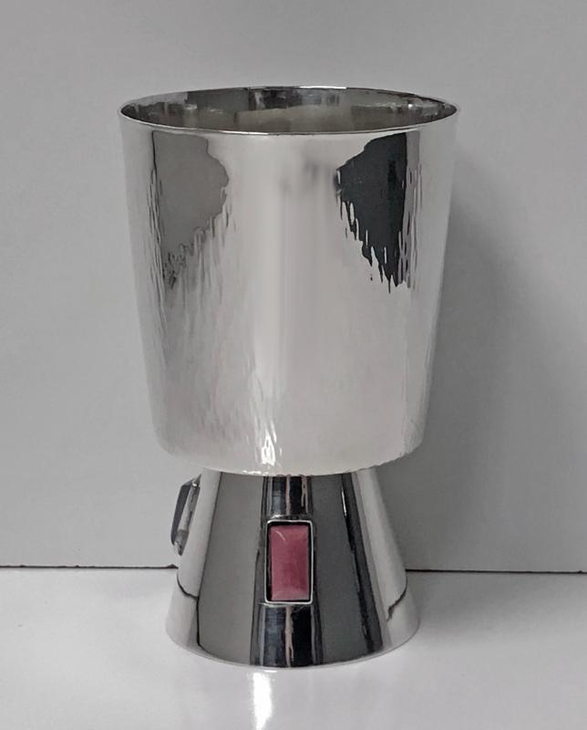 1970’s Sterling Silver Goblet inset with agates, florentine bark texture.