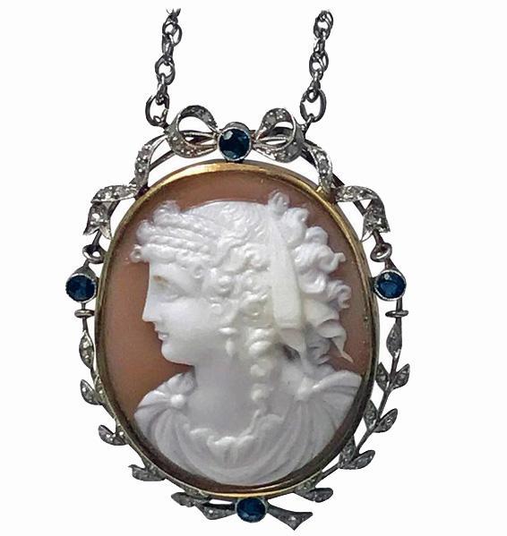 Antique Platinum 15K Cameo Pendant, Diamond Sapphire mount, English C.1920.