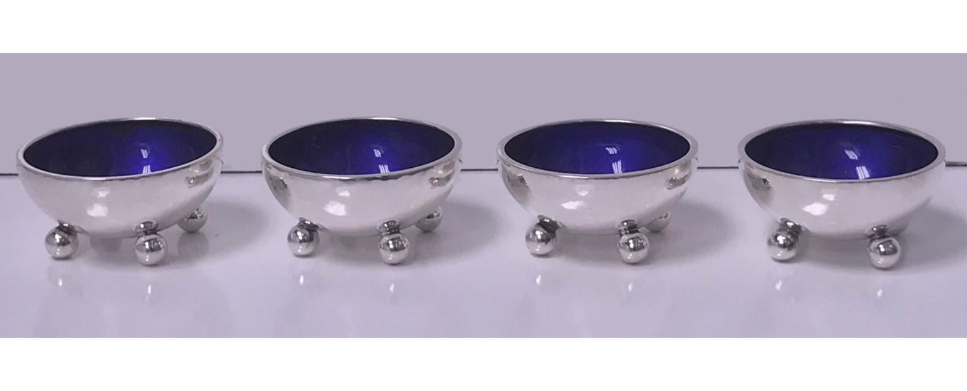 Four Georg Jensen Sterling Silver Salts with cobalt enamel interiors C.1960