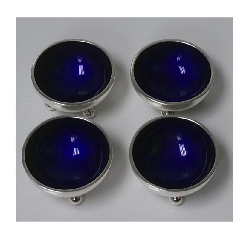 Four Georg Jensen Sterling Silver Salts with cobalt enamel interiors C.1960