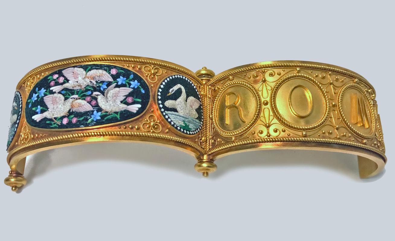 Rare Fine Cesare Roccheggiani Gold Mosaic Bangle Bracelet, C.1870