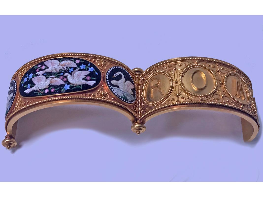 Rare Fine Cesare Roccheggiani Gold Mosaic Bangle Bracelet, C.1870