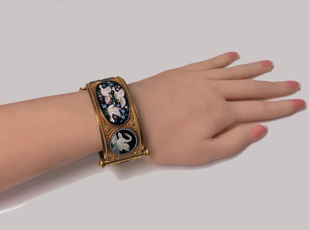 Rare Fine Cesare Roccheggiani Gold Mosaic Bangle Bracelet, C.1870