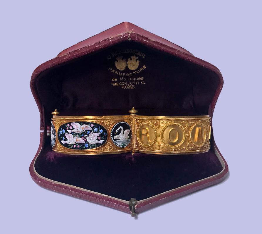 Rare Fine Cesare Roccheggiani Gold Mosaic Bangle Bracelet, C.1870