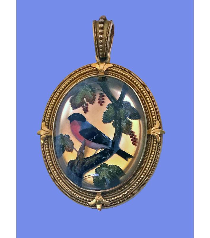 Very Fine Gold Reverse Intaglio Painted Crystal Pendant, C.1870