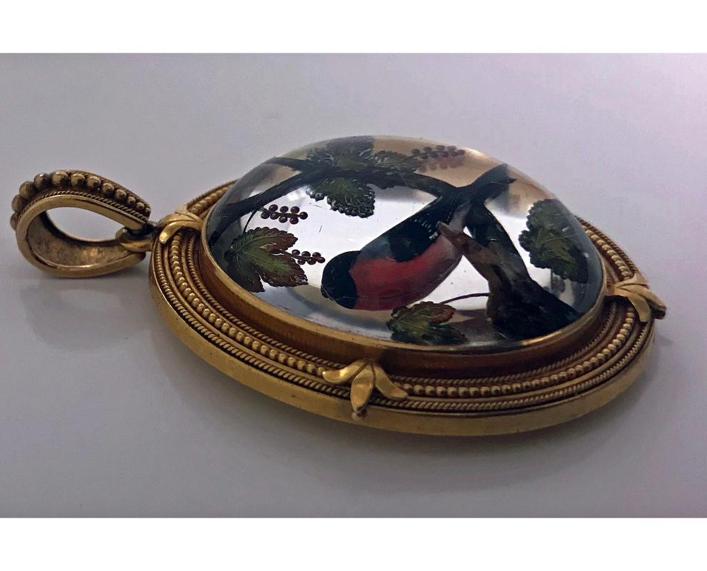 Very Fine Gold Reverse Intaglio Painted Crystal Pendant, C.1870