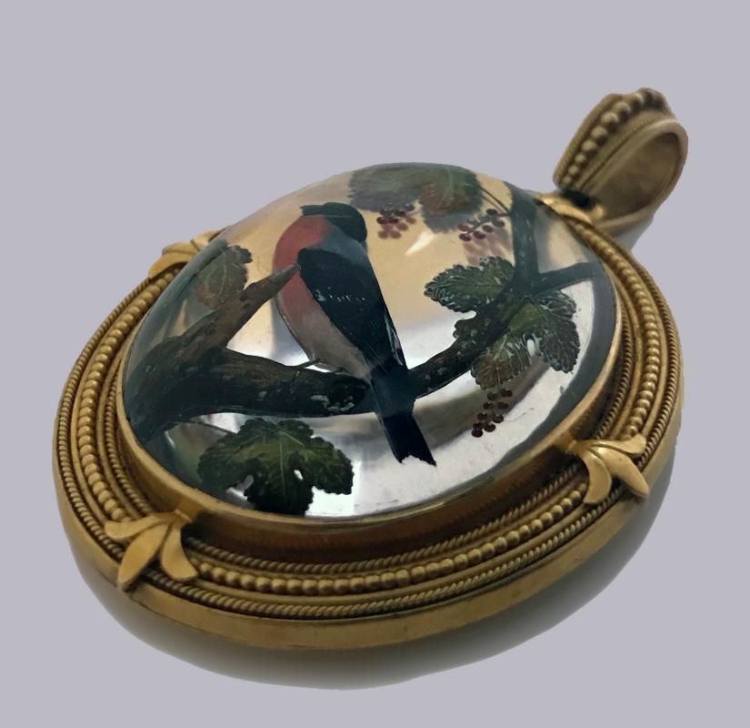 Very Fine Gold Reverse Intaglio Painted Crystal Pendant, C.1870