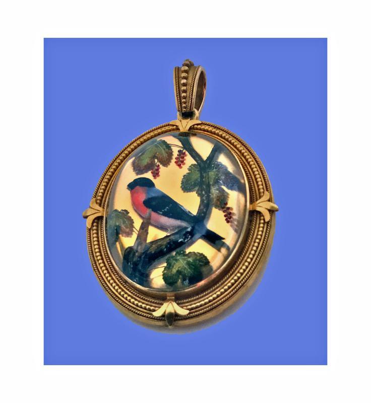 Very Fine Gold Reverse Intaglio Painted Crystal Pendant, C.1870