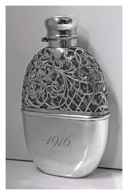 Sterling Overlay Hip Flask, American, C.1900