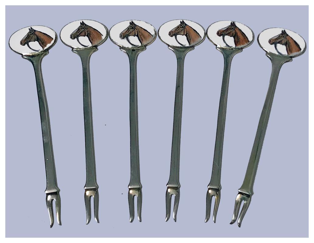 6 Sterling Enamel Cocktail Martini Sticks, Birmingham 1960 Alexander Clark