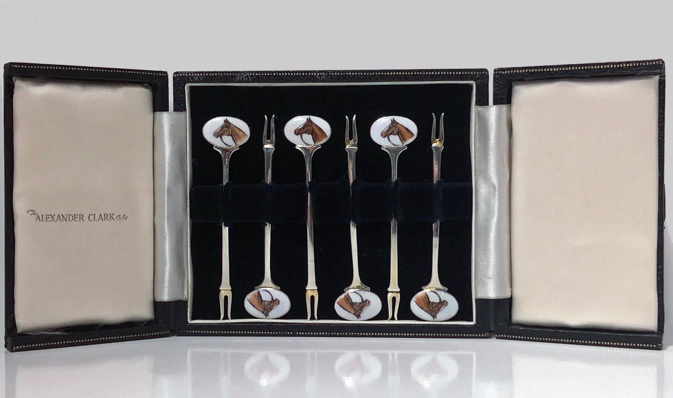 6 Sterling Enamel Cocktail Martini Sticks, Birmingham 1960 Alexander Clark