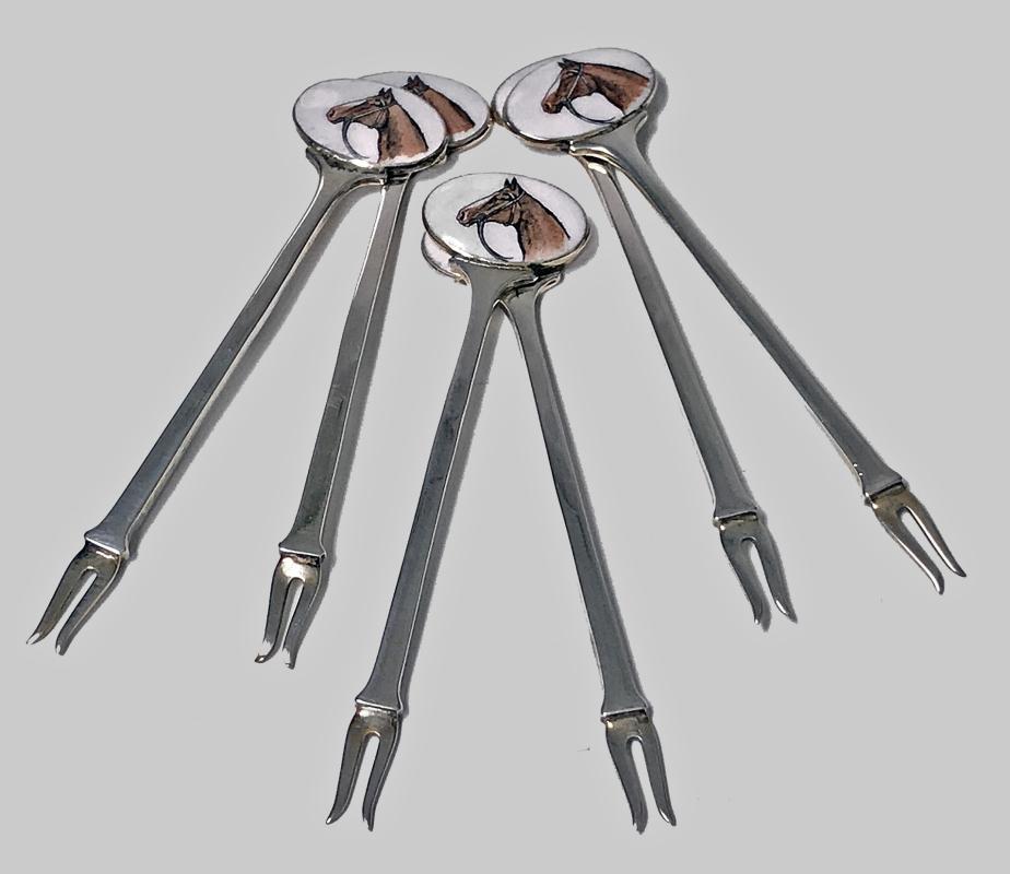 6 Sterling Enamel Cocktail Martini Sticks, Birmingham 1960 Alexander Clark