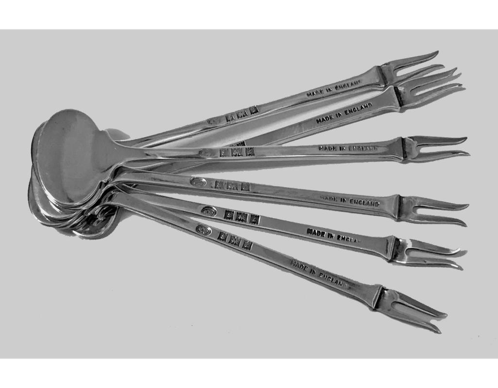 6 Sterling Enamel Cocktail Martini Sticks, Birmingham 1960 Alexander Clark