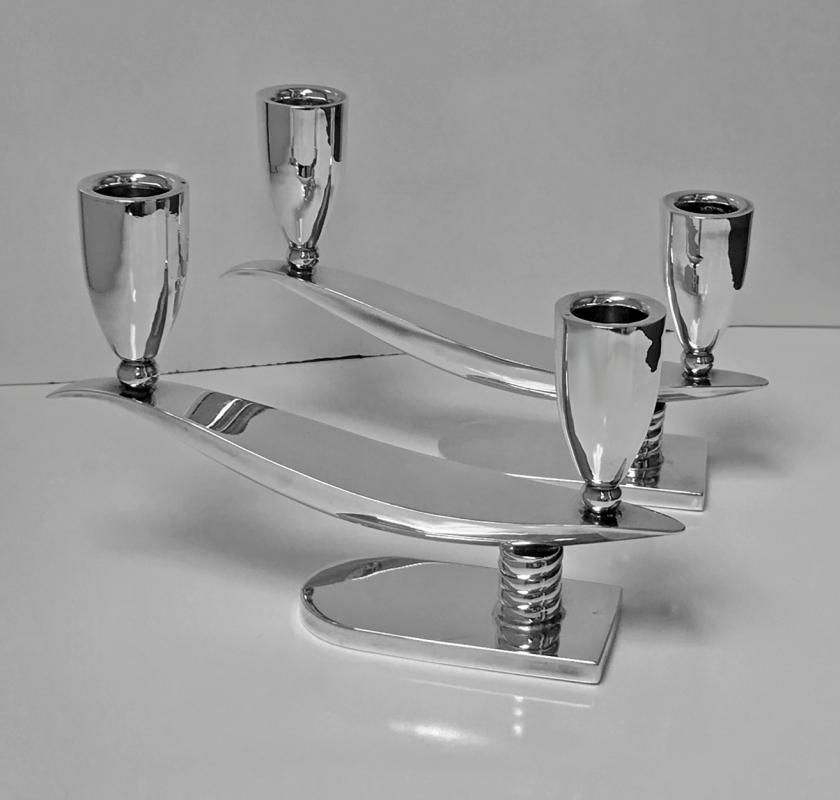 Pair Mid Century Mexican Sterling Silver Candelabra Candlesticks