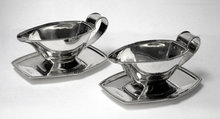 Pair Art Deco English Silver Sauceboats and stands, 1937 by S&W