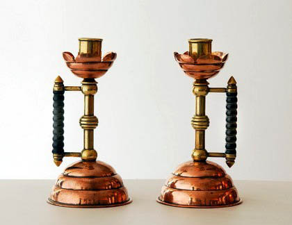 Christopher Dresser mixed metal Candlesticks, Benham & Froud,C.1880