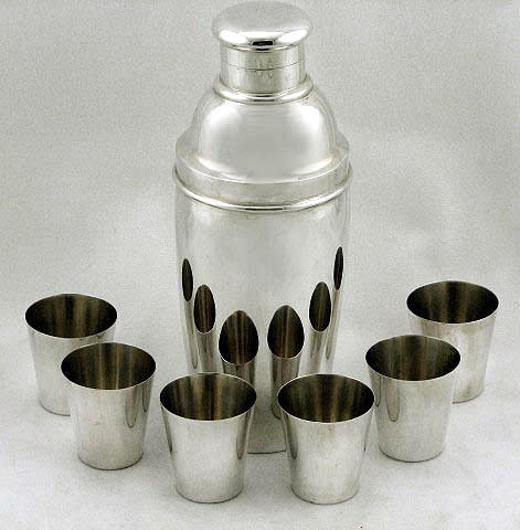 Rare Art Deco Sterling Silver Martini Cocktail Shaker Bar Set, C.1930.