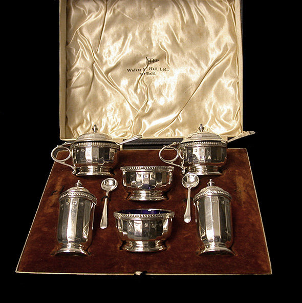 Art Deco English Silver Mustard, Peppers, Salts Condiment Set, Walker & Hall 1928