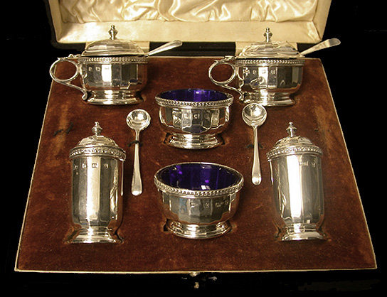 Art Deco English Silver Mustard, Peppers, Salts Condiment Set, Walker & Hall 1928