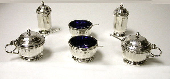 Art Deco English Silver Mustard, Peppers, Salts Condiment Set, Walker & Hall 1928