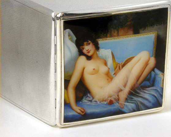 Art Deco English Silver Enamel Nude Cigarette Case, Birmingham 1932 Wm Neale & Sons