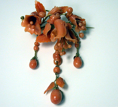 Large carved coral drop brooch, C.1850.