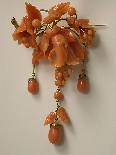 Large carved coral drop brooch, C.1850.