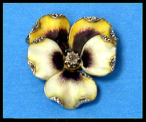 French Art Nouveau 18K enamel and diamond Pansy Brooch C.1890.