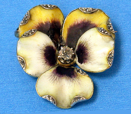 French Art Nouveau 18K enamel and diamond Pansy Brooch C.1890.