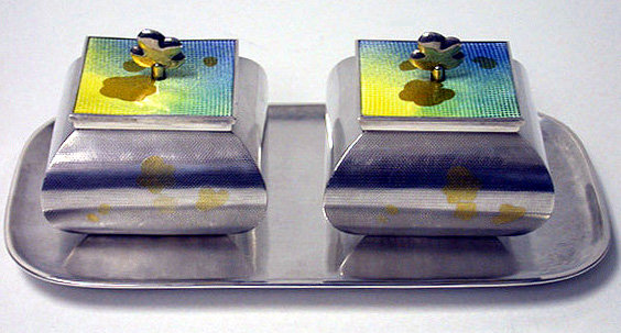 Rare Japanese Sterling Enamel Wasabi Ginger Condiments Cruet set