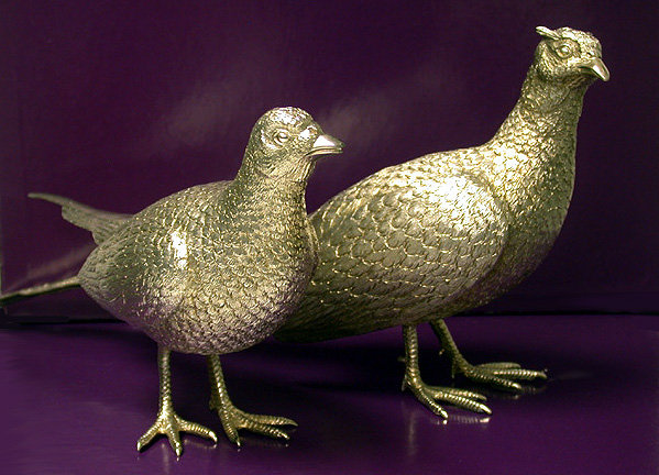 Pair of Asprey & Co heavy Silver Table Pheasants, London 1989.