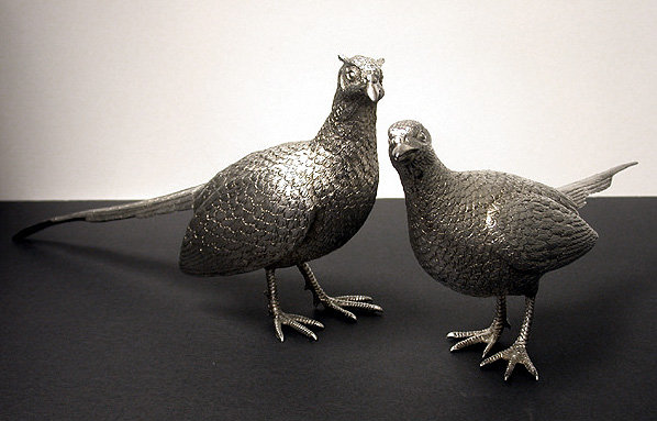 Pair of Asprey & Co heavy Silver Table Pheasants, London 1989.