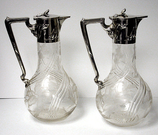 Pair Art Nouveau Silver & Glass Claret Jugs, Germany C.1900 Wilhelm Binder