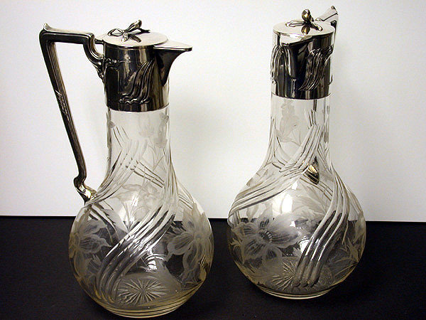 Pair Art Nouveau Silver & Glass Claret Jugs, Germany C.1900 Wilhelm Binder