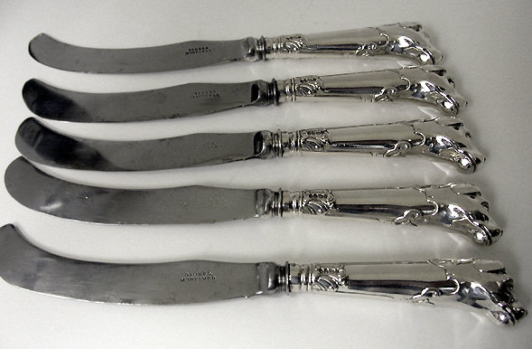 Rare set of 5 silver dog handled Knives, London 1839 by Storr & Mortimer.