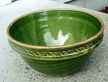 GREENWARE BOWL- GREEN GLAZE OVER YELLOWARE