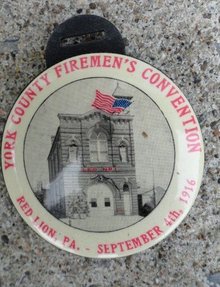 YORK COUNTY FIREMAN'S CONVENTION CELLULOID WATCH FOB-1916; FIREHOUSE & PRETTY LADY IMAGES