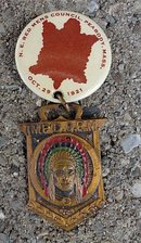 N.E. RED MEN'S COUNCIL CELLULOID PINBACK WITH WATCH FOB--INDIAN IMAGE & FISH