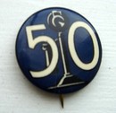 CELLULOID PINBACK BUTTON-IMAGE OF CANDLESTICK TELEPHONE & NO. 50