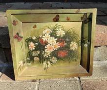 EARLY FOLK ART PAINTING ON BOARD-FLOWERS