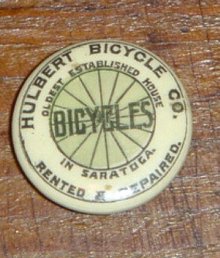 RARE HULBERT BICYCLE CELLULOID LAPEL BUTTON/SARATOGA