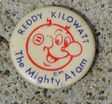 REDDY KILOWATT THE MIGHTY ATOM CELLULOID PINBACK BUTTON