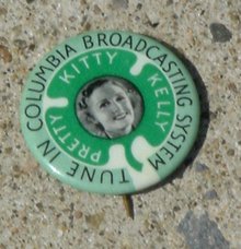 COLUMBIA BROADCASTING SYSTEM (CBS) KITTY KELLY CELLULOID PINBACK BUTTON
