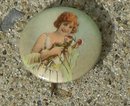 CELLULOID PINBACK BUTTON -PRETTY LADY IN WHITE