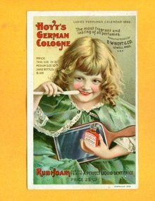 1899 CALENDAR HOYT'S GERMAN COLOGNE/RUBIFOAM DENTAL TRADE CARD-GRAPHIC