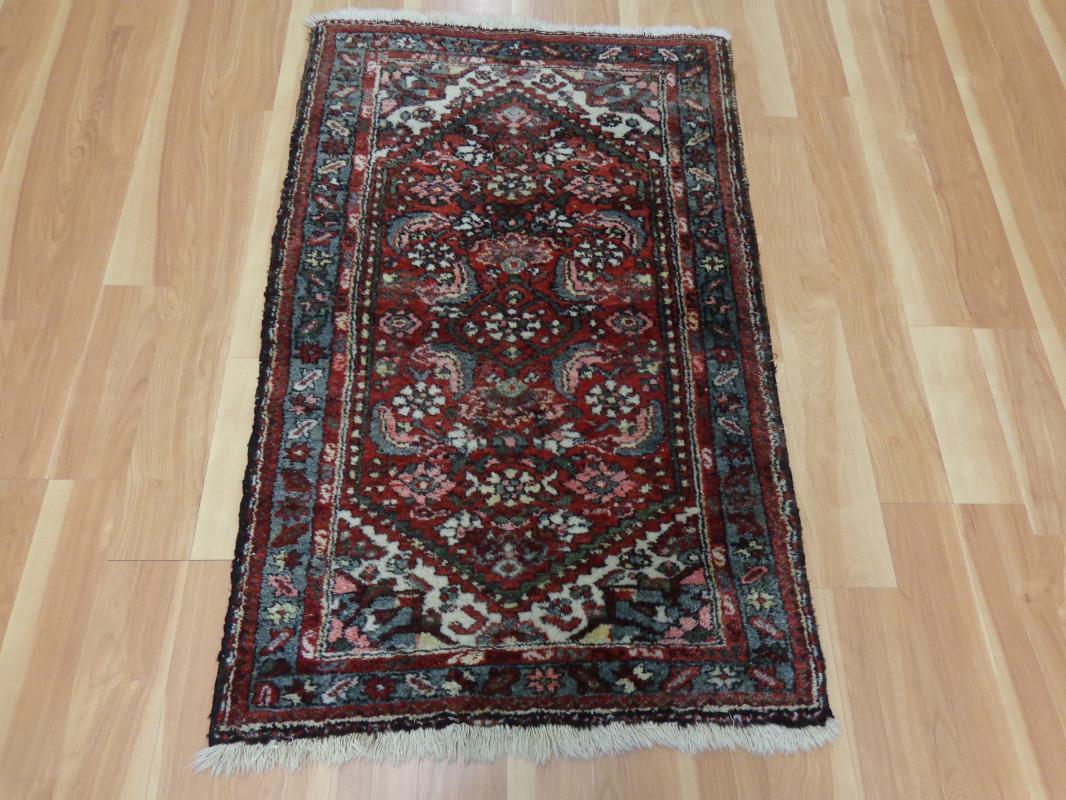 Wool Hand Knotted Rug 2' 6 x 4' 1 Red Vintage Hamedan