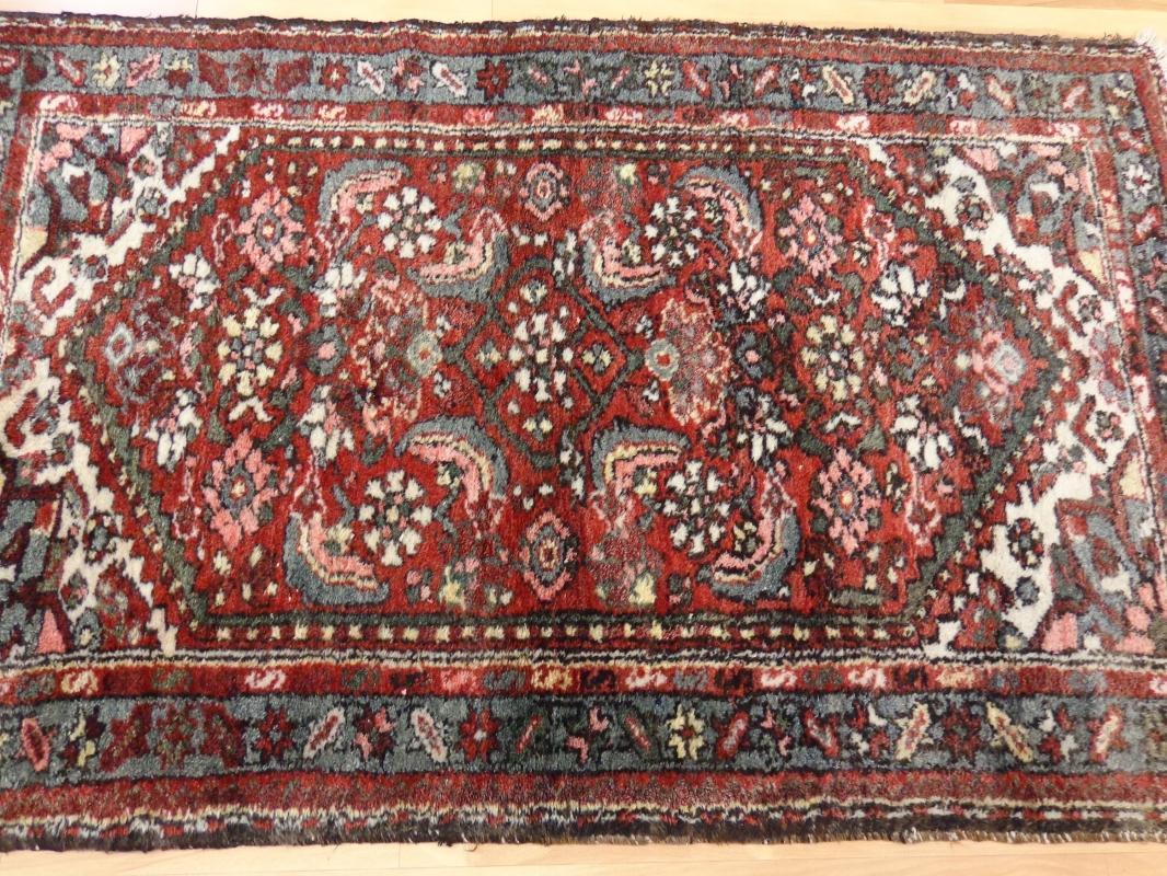 Wool Hand Knotted Rug 2' 6 x 4' 1 Red Vintage Hamedan