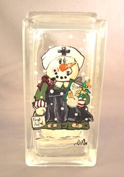Hand Painted Snow Woman Nurse Glass Brick