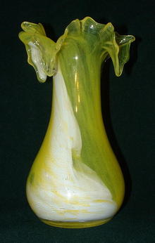 Yellow and White Ribbon Art Glass Vase with Ruffled Top