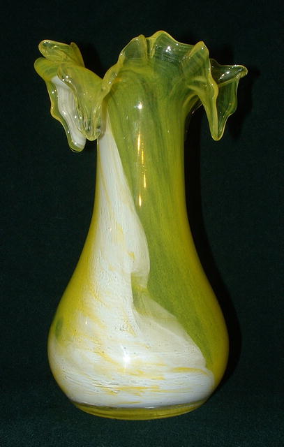 Yellow and White Ribbon Art Glass Vase with Ruffled Top